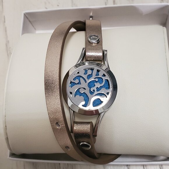 Essential Oil Diffuser Bracelet Wrap Band Gold Tone Tree Of Life Locket - Picture 3 of 5